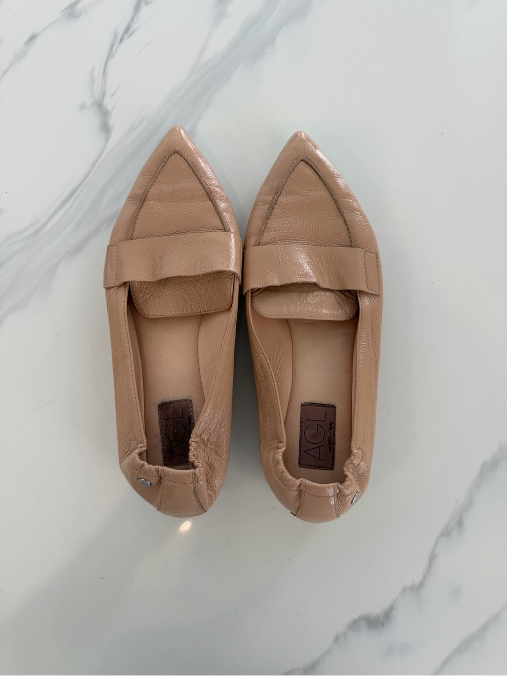 AGL Attilio Giusti Leombruni Nude Patent Leather Pointed Toe Loafers 40.5